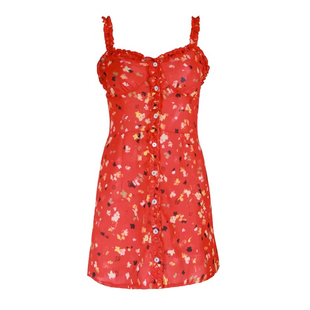 Madison Beer关晓彤戛纳同款吊带木耳边印花收腰性感纽扣裙连衣裙