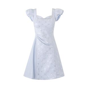 MAXRIENY气质复古连衣裙夏法式显瘦钉珠褶皱裙子