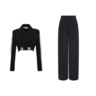 Maison Wester秋季喻言同款流行钻扣拼黑白色短西装上衣两件套装