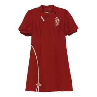 旗开得胜新中式旗袍领连衣裙日常显白红色裙子夏季女原创森女部落