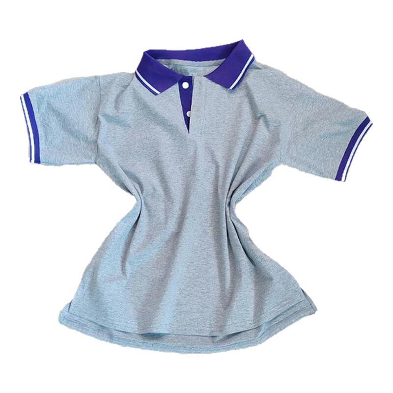 浅灰校服短袖紫色领上拼白条紫袖口拼白条男女通用学生班服POLO衫