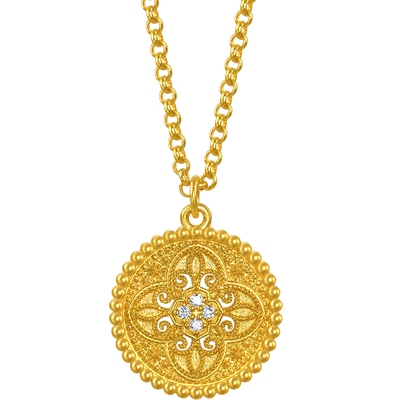 周生生华宇古法黄金东方古祖足金镶嵌钻石四合如意项链95604N定价