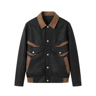 半片花瓣「砂岩」异形麂皮拼接多重口袋仿羊毛PU皮衣 短夹克外套