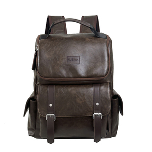 高级感复古双肩包男大容量防水PU皮质背包休闲通勤电脑包学生书包