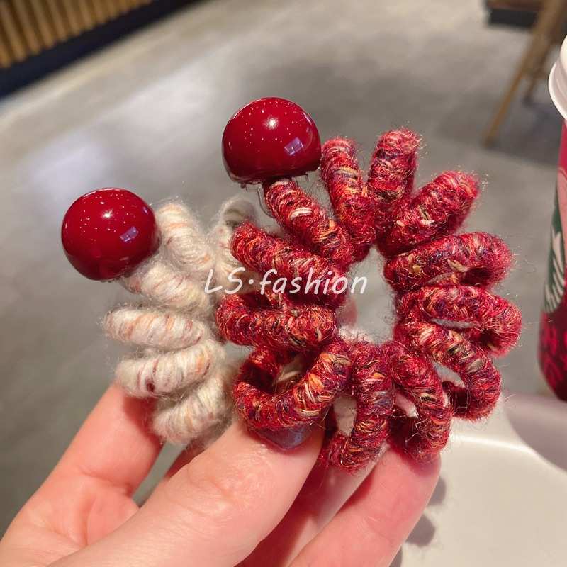 朱颜红~酒红色毛绒绒电话线发圈高弹力红珍珠耐用皮筋女扎头绳