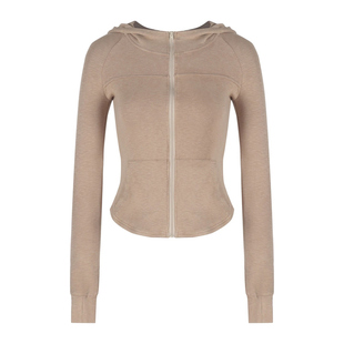 复古卡其色连帽长袖卫衣外套女秋季修身辣妹收腰针织开衫拉链上衣