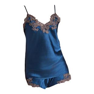 2025新款春夏真丝吊带睡裙性感蕾丝V领露背桑蚕丝睡衣女短裤套装