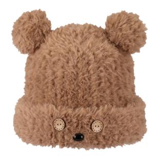 AJIDOU阿吉豆帽子女款驼色小熊秋冬保暖防寒毛绒针织毛线帽包头帽