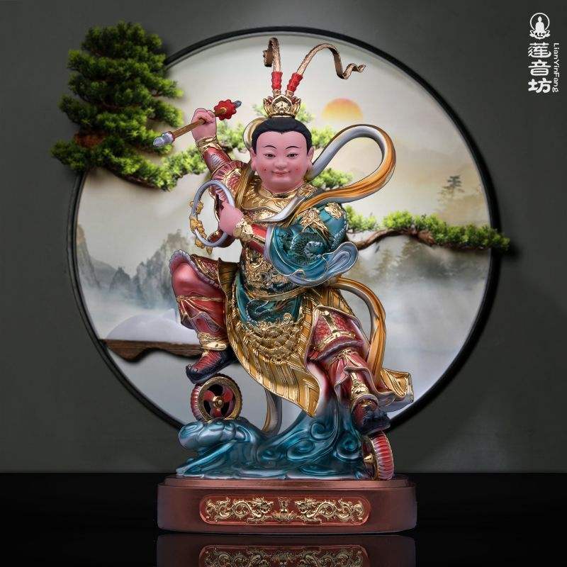 哪吒三太子像中坛元帅树脂金缕彩金吒木吒双轮太子家居佛堂摆件
