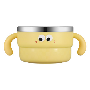 316L不锈钢儿童碗双耳辅食碗吃饭专用碗宝宝餐具双层防摔汤碗带盖