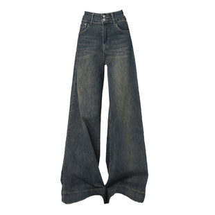 300斤胖mm大码复古弹力阔腿牛仔裤女胖mm裤子宽松不贴腿阔腿长裤