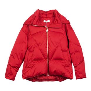 诗梦女装冬季红色休闲羽绒服连帽宽松休闲拉链白鸭绒短款面包服