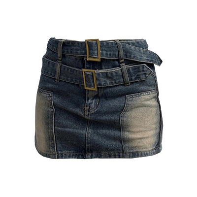 高腰腰带设计美式复古牛仔短裙女