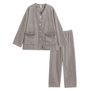 秋冬款珊瑚绒睡衣女简约开衫高级感家居服春秋保暖薄绒可外穿套装