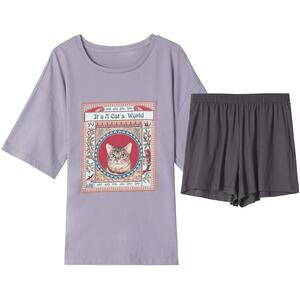 安莉芳猫咪印花纯棉睡衣套装女夏季可外穿短袖短裤家居服EL00584