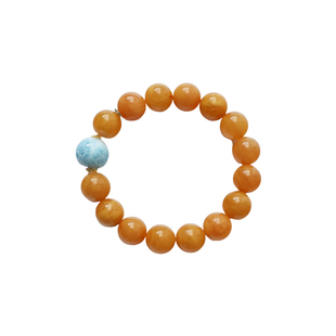 KAKA 客订高品满蜜鸡油黄蜜蜡海纹石18K金铃铛新中式纳福单圈手串