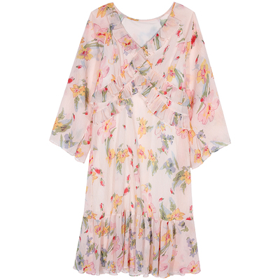 今屿花花粉色V领碎花连衣裙女春