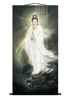 骑龙观音画像 白衣观音菩萨像净瓶杨柳龙头观音 佛堂供奉卷轴挂画