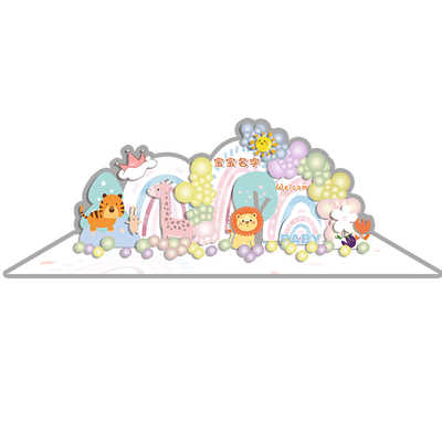 马卡龙森系狮子长颈鹿兔子宝宝宴满月百天周岁宴背景设计素材