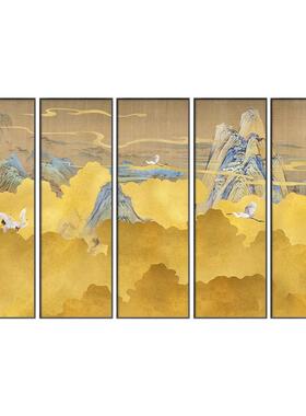 中式竖版装饰画抽象黄色意境风景画酒店大堂四联画茶室瑞鹤图挂画