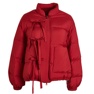 qs秸熙冬红色民国风盘扣90白鸭绒羽绒服女短款国潮保暖结婚面包服