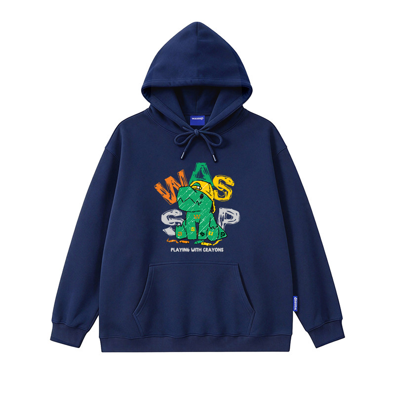 WASSUP美式复古蜡笔恐龙连帽卫衣