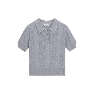 线上限定SANDRO2025秋冬女装法式绵羊毛灰色仿珠饰针织内搭毛衣