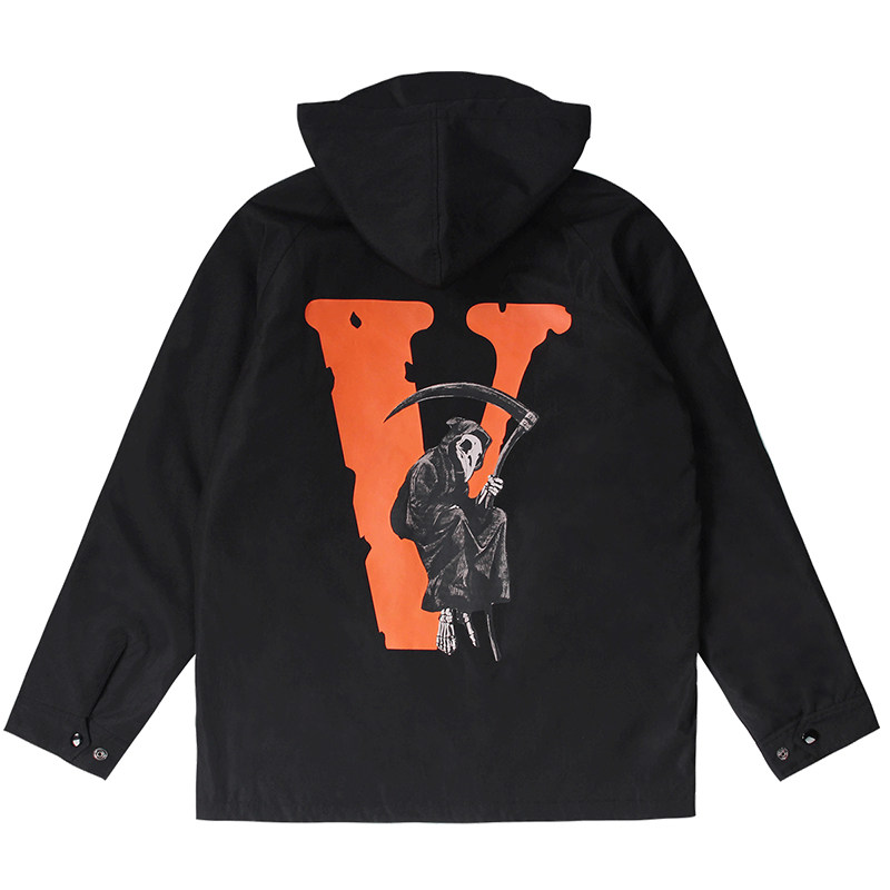 VLONE 刺绣印花休闲人物字母连帽宽松棉服 男女同款 黑色