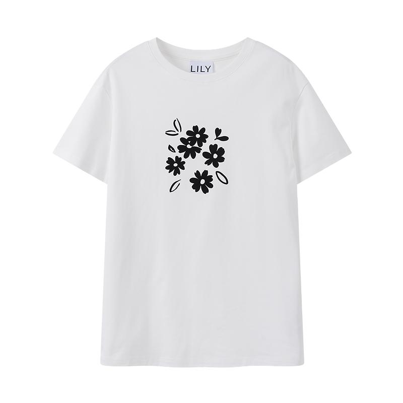 LILY2026夏新款简约洋甘菊印花图案宽松休闲百搭通勤圆领短袖T恤