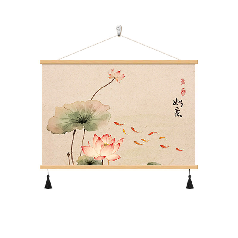 荷花新中式客厅沙发后面装饰画