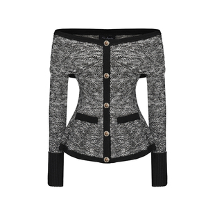 NanaJacqueline冬季新款撞色编织亮丝针织套装女一字肩上衣配短裤