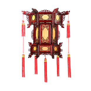 中式仿古六角实木宫灯寺庙祠堂吊灯黄八仙广告阳台过年灯笼挂饰