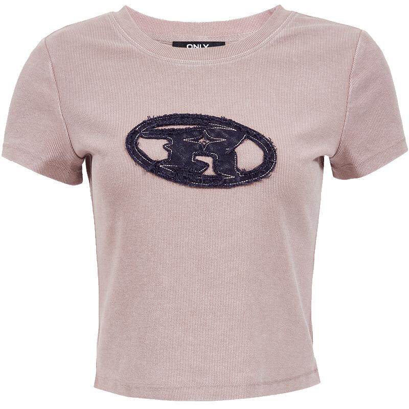 【ONLY奥莱】春夏款个性拉毛绣布质感做旧磨白短款正肩短袖T恤女