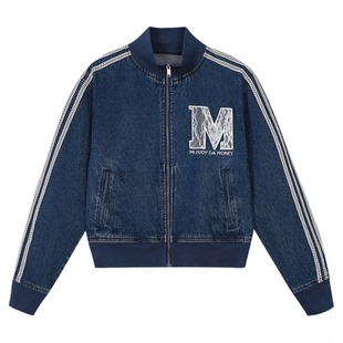 MEDM 蕾丝杠螺纹字母休闲立领牛仔夹克潮流街头宽松情侣拉链外套