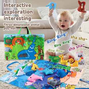 跨境宝宝游戏毯动物收纳玩具艺布立体书垫动物益智垫袋子布爬行