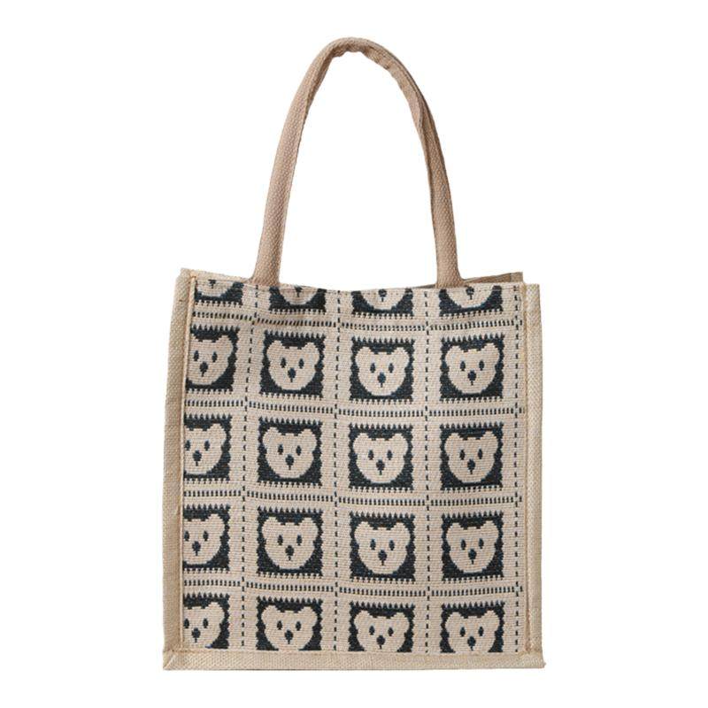 多巴胺小熊手提袋023新款撞色卡通编织亚麻包ins百搭妈咪包饭盒包