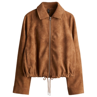 HM女装短外套春季巴恩风圆领插肩袖翻折领绒布外套1309046