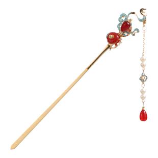 红色原石步摇发簪汉服配饰古风旗袍发钗簪头饰发饰仙女 森系 超仙