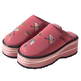 冬天外穿高跟棉拖鞋女居家增高7cm厚底保暖防滑防水皮面轻便拖鞋