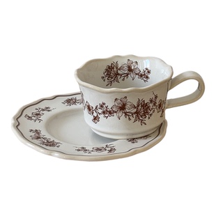 轻奢复古法式棕木槿花边陶瓷咖啡杯碟套装拿铁杯子精致下午茶杯子