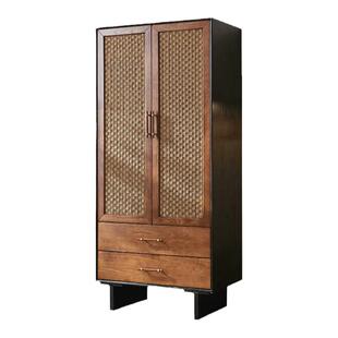 中古风实木藤编衣柜收纳储物柜侘寂风复古橱柜民宿卧室双门衣帽柜