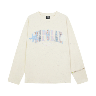 BIPOLAR彩点贝壳织带贴布长袖休闲宽松圆领上衣打底设计感T恤春秋