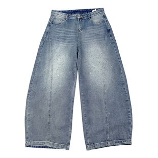 美式复古水洗满天星牛仔裤男2026春款烫钻宽松直筒百搭松弛感长裤