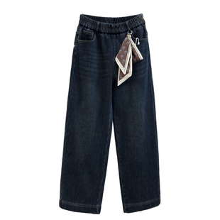 时尚妈妈装加绒加厚牛仔裤冬季新款洋气流行丝巾阔腿裤中老年裤子