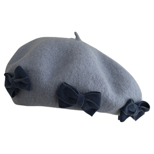 法式甜美蝴蝶结纯羊毛贝雷帽女秋冬可爱百搭画家帽少女风毛呢帽子