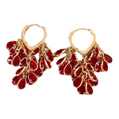 水晶叶子小流苏耳环红色耳饰
