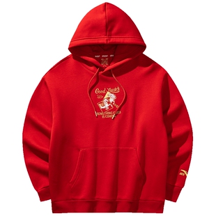 安踏好事发生新年红色休闲卫衣男连帽打底宽松运动上衣152618707S