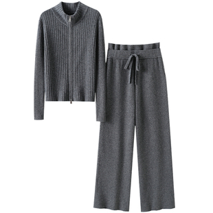 实力中产美学！半高领100%纯山羊绒拉链开衫女纯羊绒裤子外穿套装