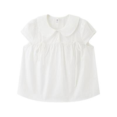 三福短衬衫2026夏季蝴蝶结绑带娃娃领宽松短款上衣女装523043
