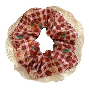 大肠发圈草莓樱桃发圈红色格子头绳蕾丝边碎花发圈甜美森系田园花